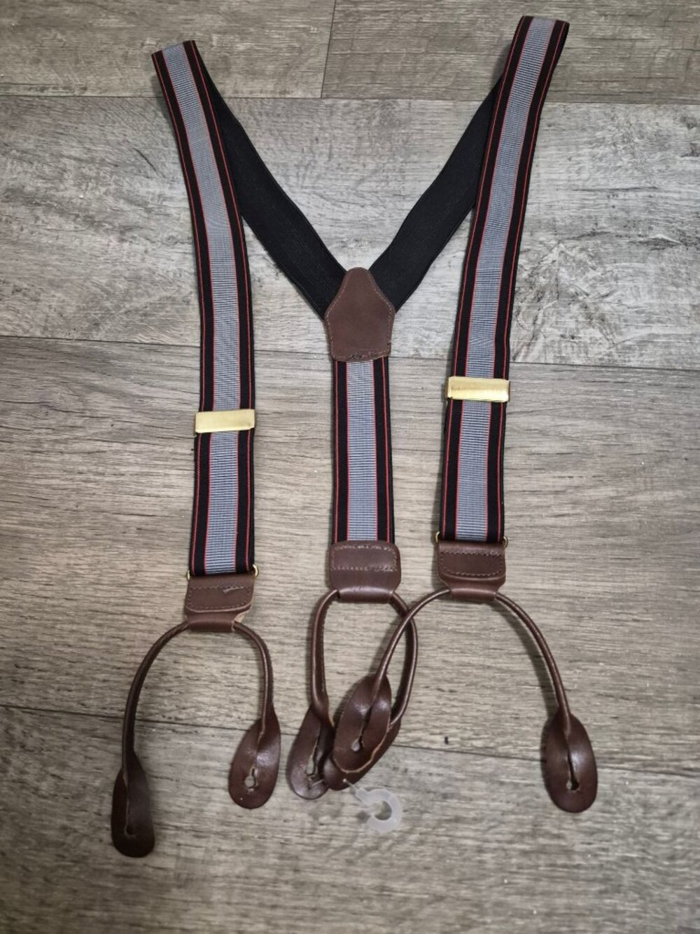 Dooney & Bourke Mens Leather Button Suspenders Black Gray Red Striped Adjustable